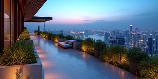 A luxurious sky villa terrace with integrated planters overlooking Marina Bay